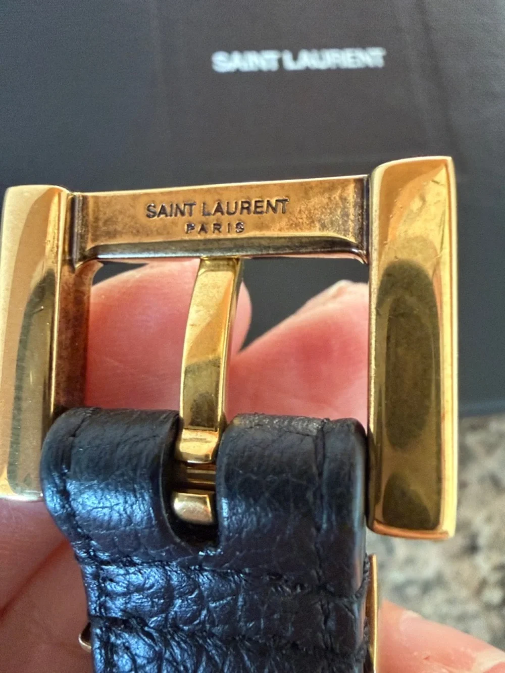 Yves Saint Laurent Cassandre Thin Belt in Grained Leather